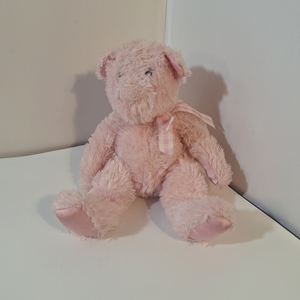Douglas Pink Teddy Bear Plush Gingham Bow Satin Feet & Ears Sitting 10" Soft Toy